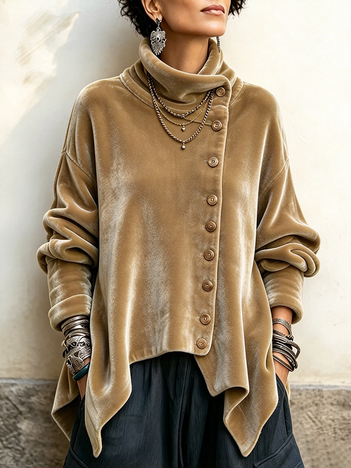 Carol | Chic Velvet Asymmetric Button Turtleneck Top