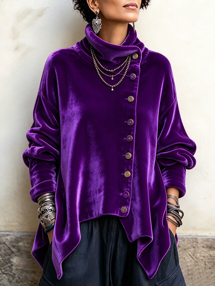 Carol | Chic Velvet Asymmetric Button Turtleneck Top