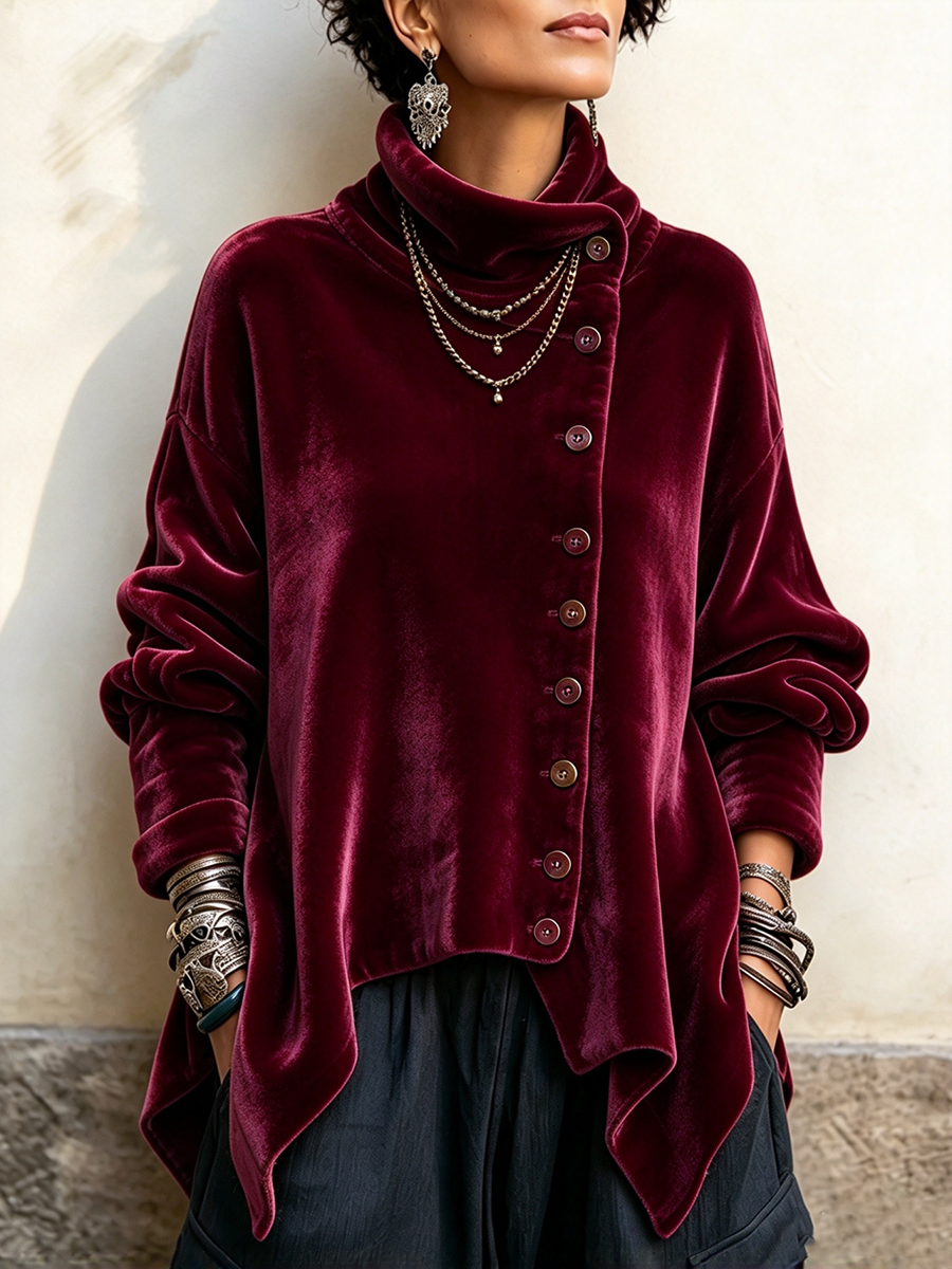 Carol | Chic Velvet Asymmetric Button Turtleneck Top