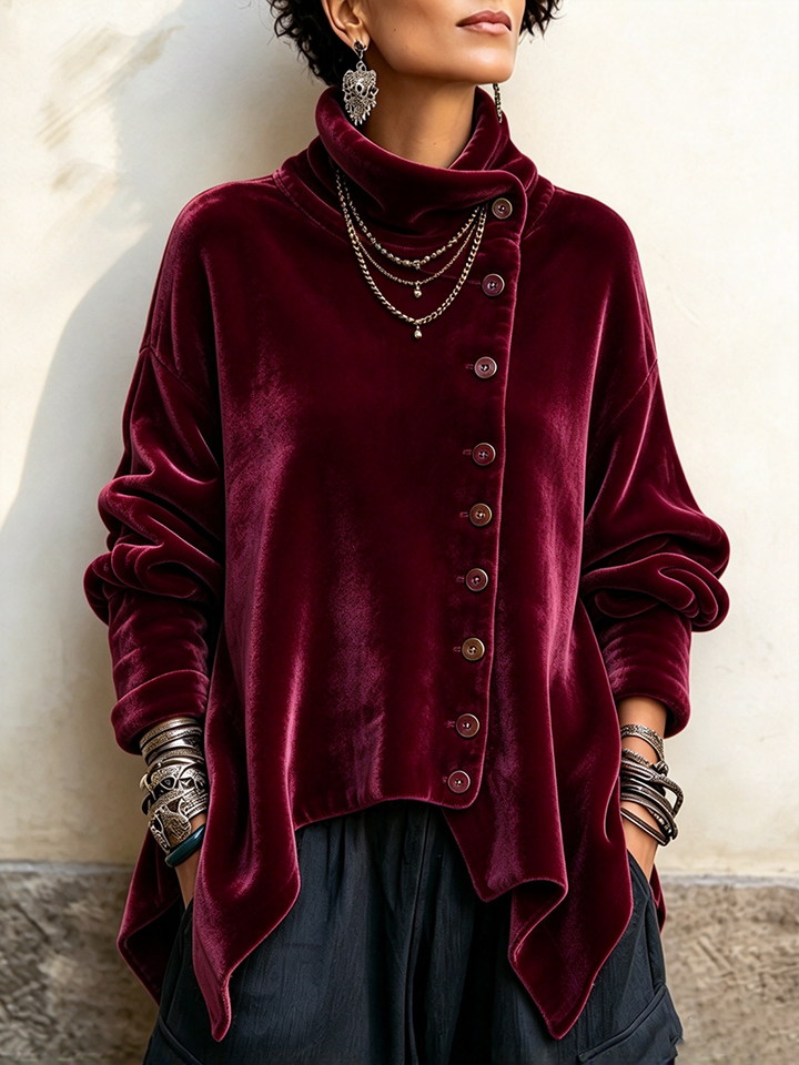 Carol | Chic Velvet Asymmetric Button Turtleneck Top