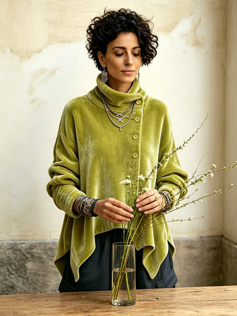 Carol | Chic Velvet Asymmetric Button Turtleneck Top