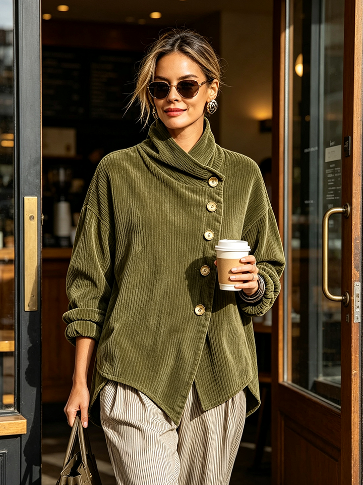 Emilia | Chic High Funnel Neck Asymmetric Corduroy Top